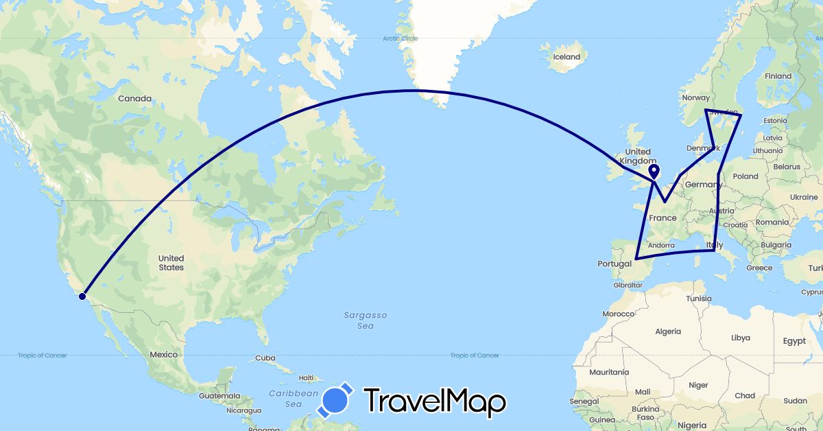 TravelMap itinerary: driving in Austria, Germany, Denmark, Spain, France, United Kingdom, Ireland, Italy, Netherlands, Norway, Sweden, United States (Europe, North America)